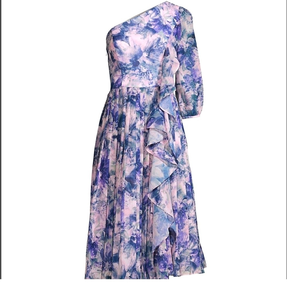 Kay Unger Dress NWT Size 8 Kaylee Floral One Shoulder Ruffle Midi Dress
